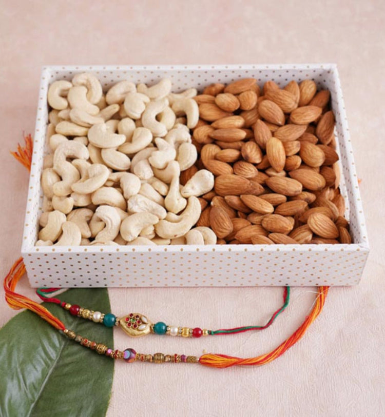 2 Rakhis with Dry Fruits Tray