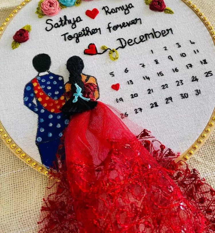 Personalized Hoop frame  (blue and red couple dress)